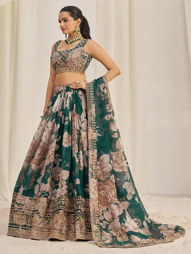 Startling Green Sequins Organza Festival Wear Lehenga Choli With Dupatta - Ethnic Plus In